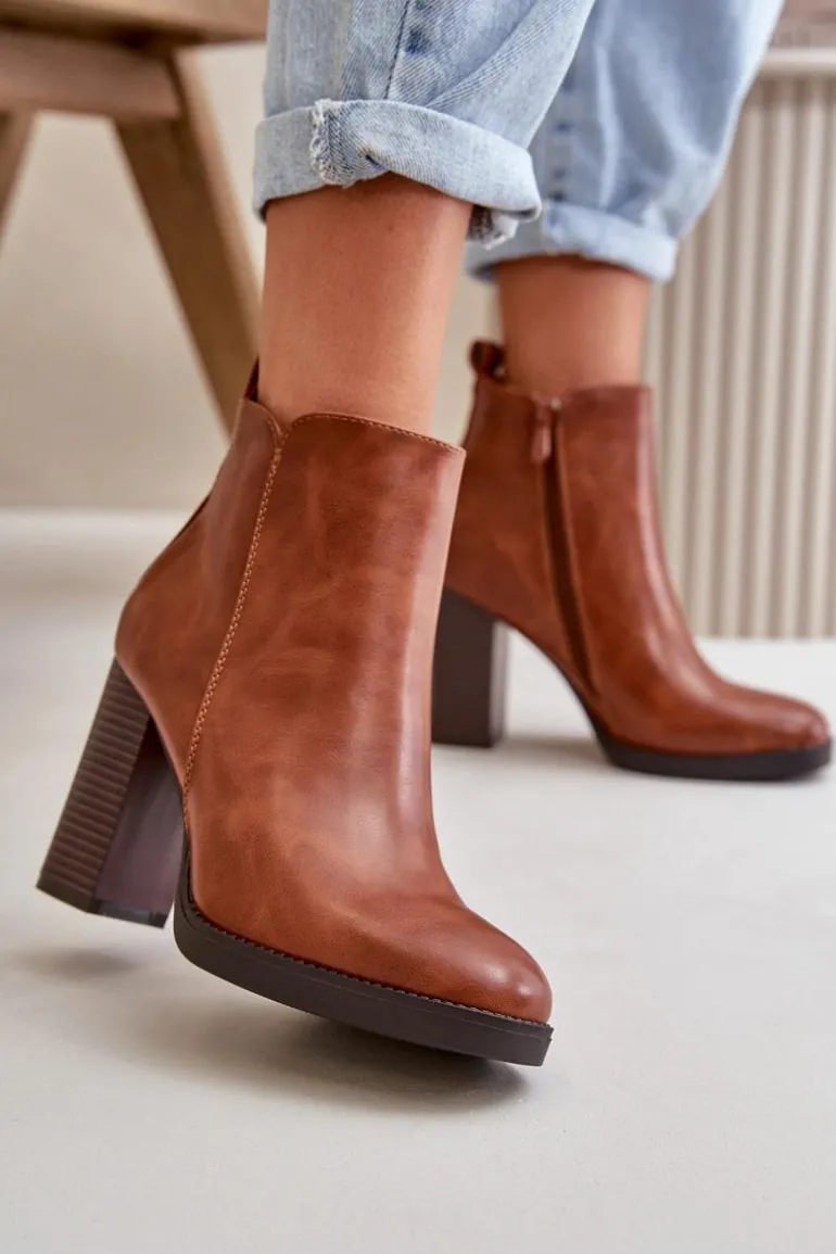 Ocieplane Botki Damskie Na Słupku Eko Skórzane Brązowe Teresine