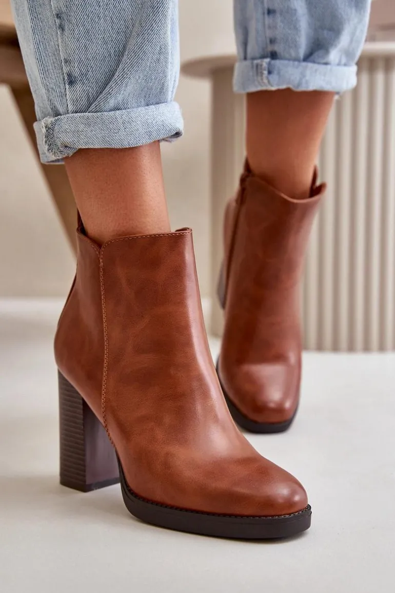 Ocieplane Botki Damskie Na Słupku Eko Skórzane Brązowe Teresine