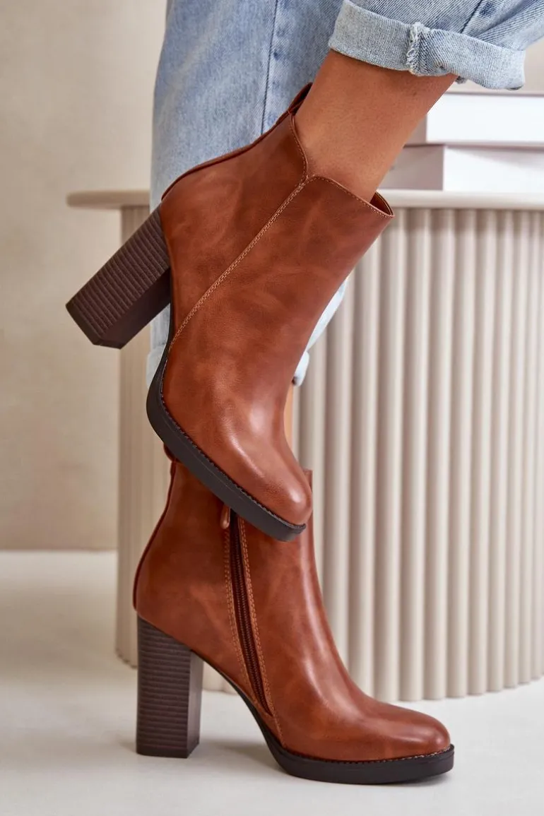 Ocieplane Botki Damskie Na Słupku Eko Skórzane Brązowe Teresine