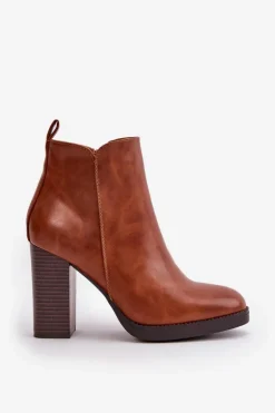 Ocieplane Botki Damskie Na Słupku Eko Skórzane Brązowe Teresine