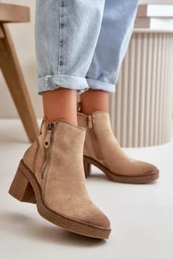 Ocieplane Botki Damskie Na Słupku Z Eko Zamszu Beżowe Velarilla