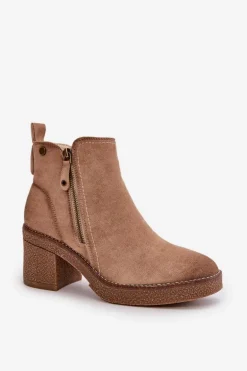 Ocieplane Botki Damskie Na Słupku Z Eko Zamszu Beżowe Velarilla