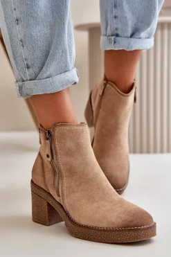 Ocieplane Botki Damskie Na Słupku Z Eko Zamszu Beżowe Velarilla