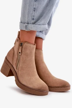 Ocieplane Botki Damskie Na Słupku Z Eko Zamszu Beżowe Velarilla