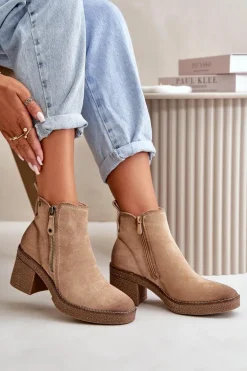 Ocieplane Botki Damskie Na Słupku Z Eko Zamszu Beżowe Velarilla