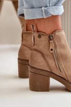 Ocieplane Botki Damskie Na Słupku Z Eko Zamszu Beżowe Velarilla