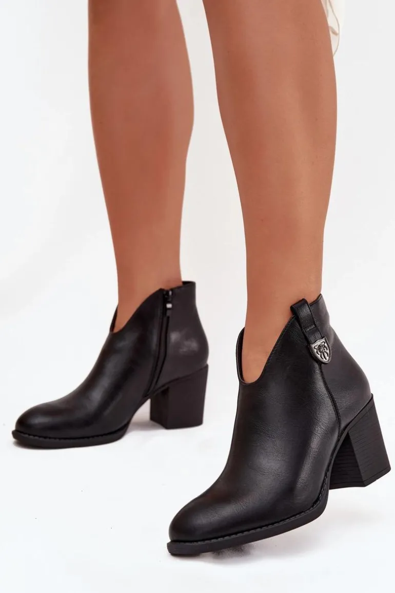Ocieplane Botki Damskie Na Słupku Z Eko Skóry Czarne Talienne