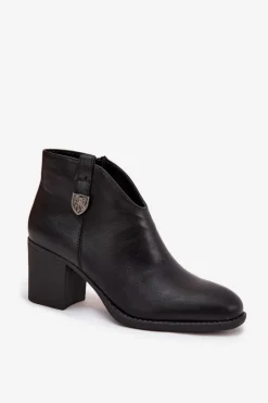 Ocieplane Botki Damskie Na Słupku Z Eko Skóry Czarne Talienne