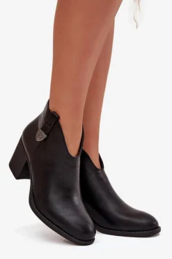 Ocieplane Botki Damskie Na Słupku Z Eko Skóry Czarne Talienne