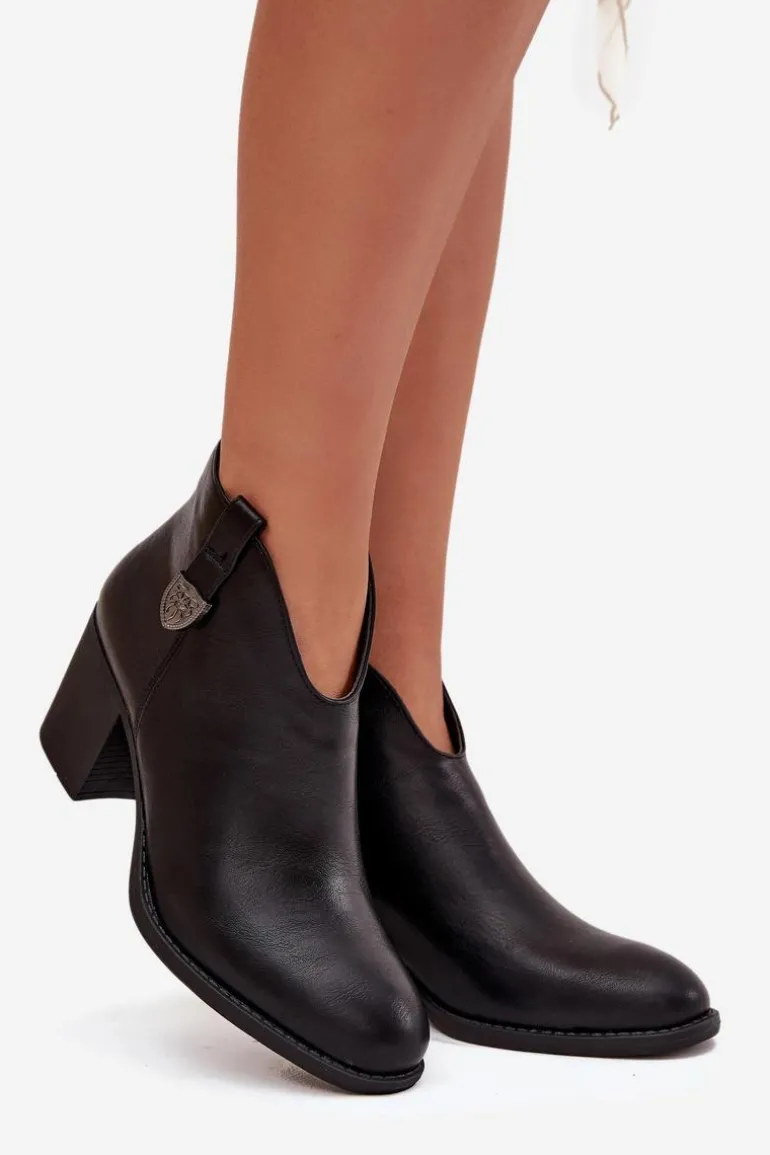 Ocieplane Botki Damskie Na Słupku Z Eko Skóry Czarne Talienne