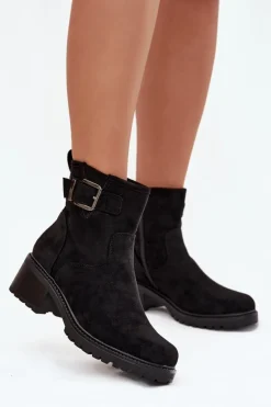 Ocieplane Botki Damskie Na Niskim Obcasie Klocku Z Klamrą Czarne Helvina