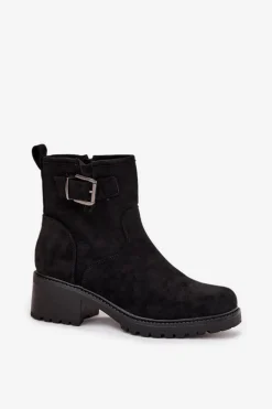 Ocieplane Botki Damskie Na Niskim Obcasie Klocku Z Klamrą Czarne Helvina