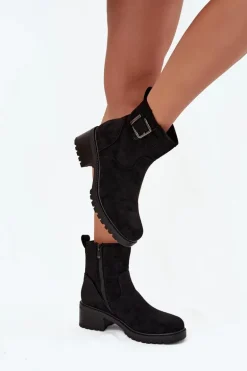Ocieplane Botki Damskie Na Niskim Obcasie Klocku Z Klamrą Czarne Helvina