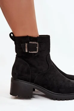 Ocieplane Botki Damskie Na Niskim Obcasie Klocku Z Klamrą Czarne Helvina