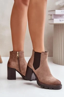 Ocieplane Botki Damskie Na Słupku Z Eko Zamszu Vinceza 58356 Beżowe