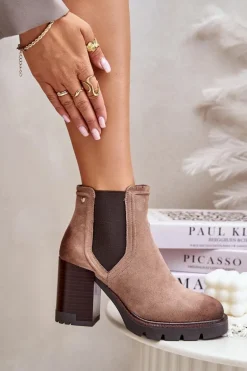 Ocieplane Botki Damskie Na Słupku Z Eko Zamszu Vinceza 58356 Beżowe