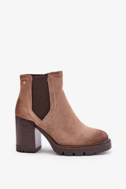 Ocieplane Botki Damskie Na Słupku Z Eko Zamszu Vinceza 58356 Beżowe