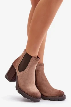 Ocieplane Botki Damskie Na Słupku Z Eko Zamszu Vinceza 58356 Beżowe