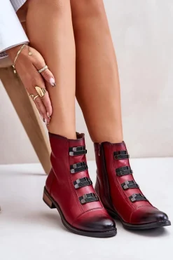 Ocieplane Botki Damskie Na Zamek Bordowe Evalith