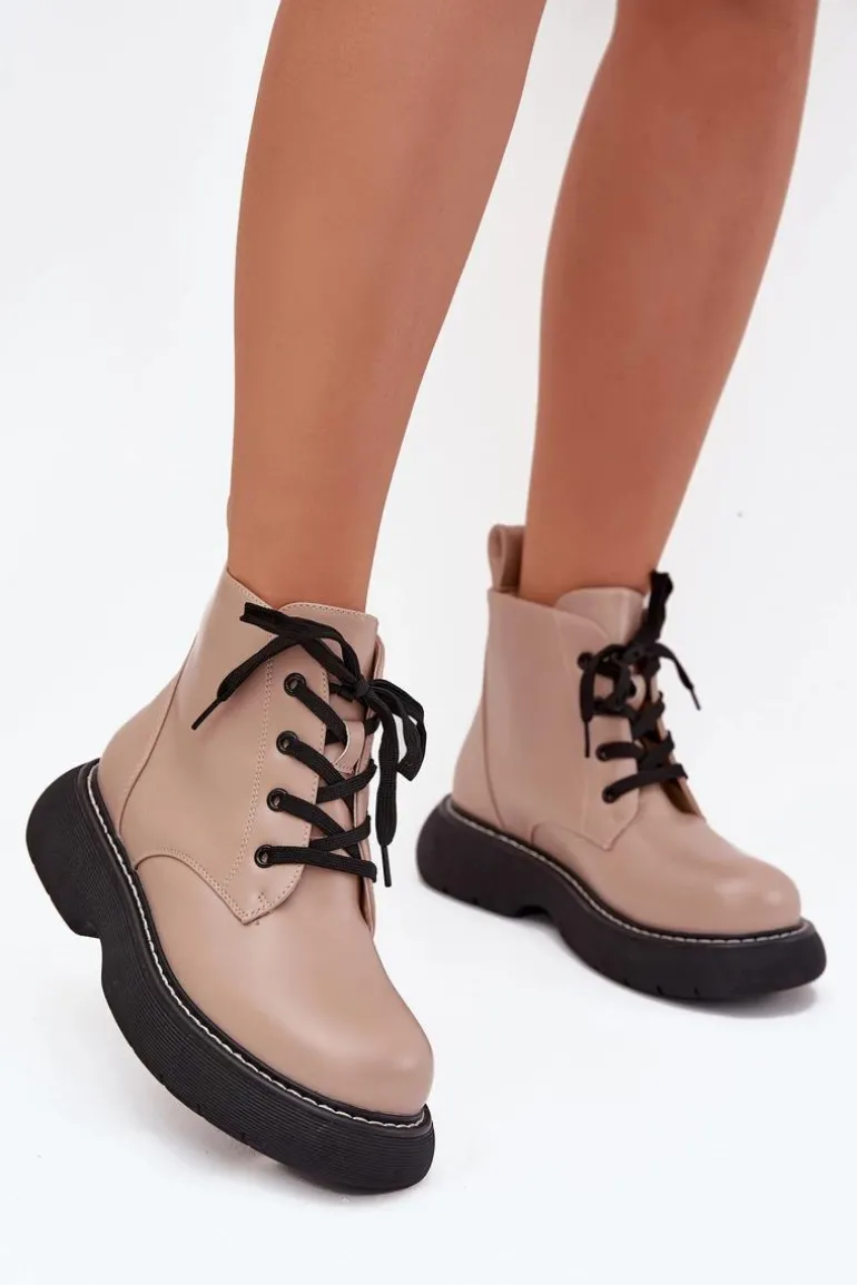 Ocieplane Botki Damskie Na Platformie Sznurowane Ciemnobeżowe Harmine