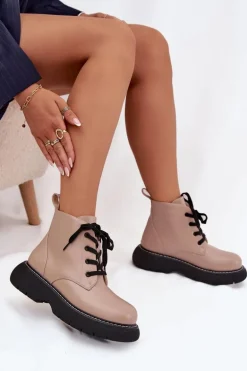 Ocieplane Botki Damskie Na Platformie Sznurowane Ciemnobeżowe Harmine