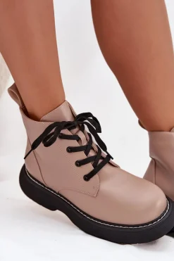 Ocieplane Botki Damskie Na Platformie Sznurowane Ciemnobeżowe Harmine