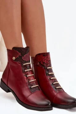 Ocieplane Botki Damskie Na Płaskim Obcasie Zwierzęcy Wzór Bordowe Labise