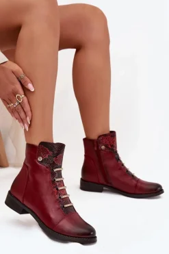 Ocieplane Botki Damskie Na Płaskim Obcasie Zwierzęcy Wzór Bordowe Labise