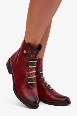 Ocieplane Botki Damskie Na Płaskim Obcasie Zwierzęcy Wzór Bordowe Labise