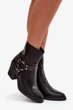 Ocieplane Botki Damskie Na Słupku Z Ozdobnym Elementem Czarne Jurelle