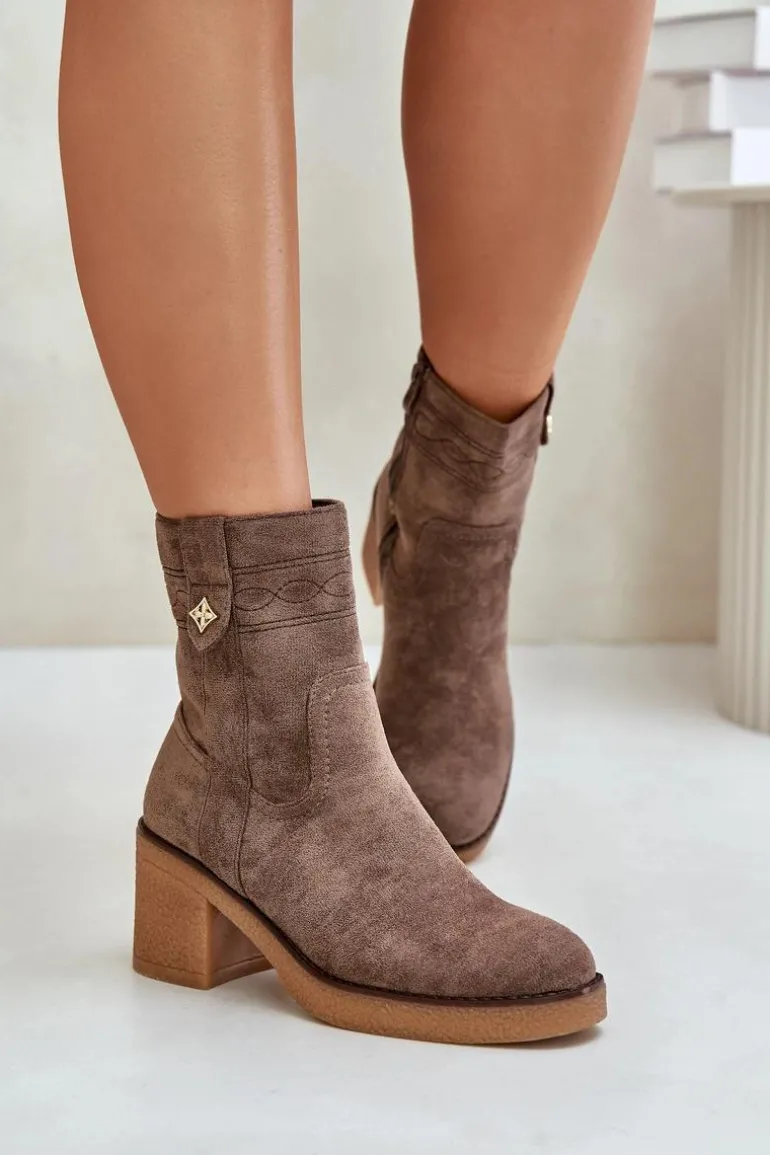 Ocieplane Botki Damskie Na Obcasie Słupku Brązowe Vailia