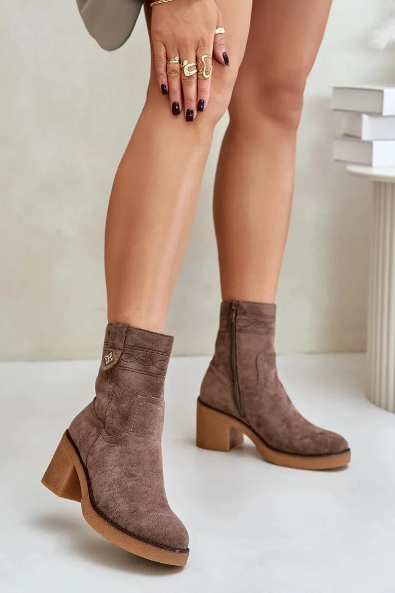 Ocieplane Botki Damskie Na Obcasie Słupku Brązowe Vailia