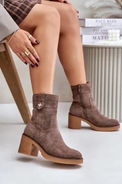 Ocieplane Botki Damskie Na Obcasie Słupku Brązowe Vailia