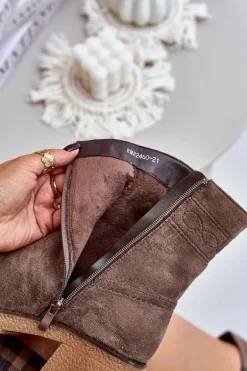 Ocieplane Botki Damskie Na Obcasie Słupku Brązowe Vailia