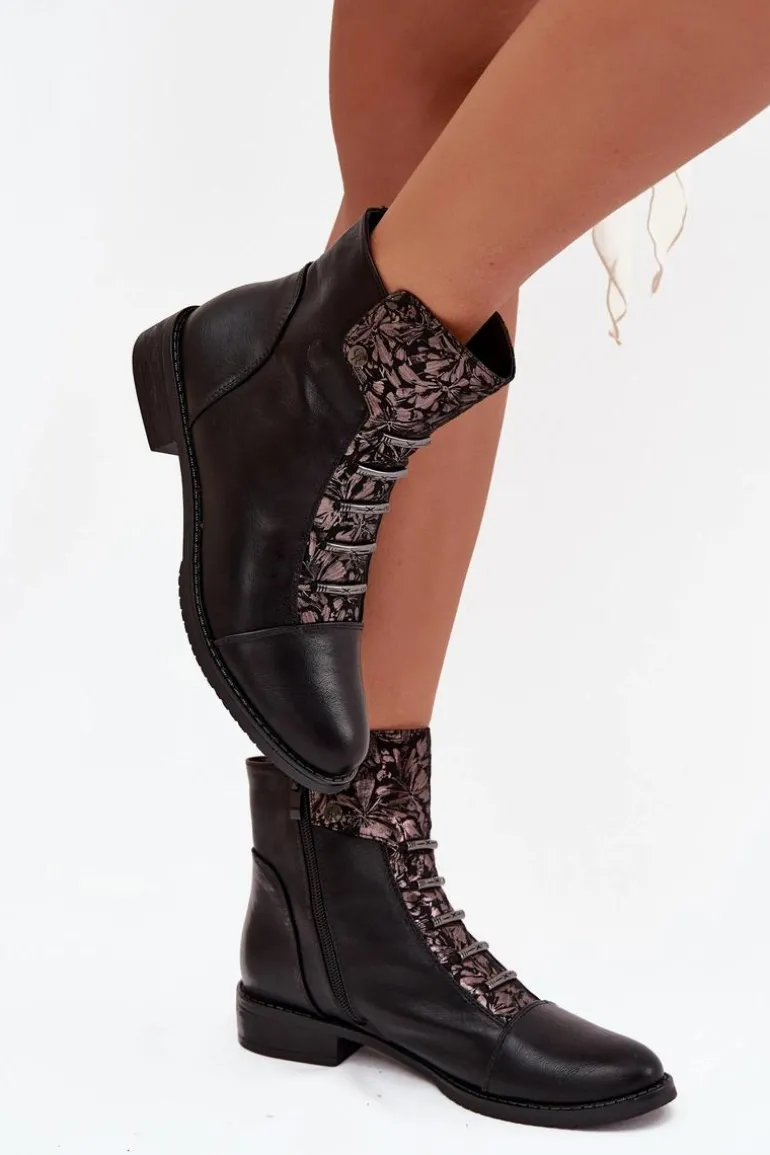 Ocieplane Botki Damskie Na Płaskim Obcasie Kwiaty Czarne Labise