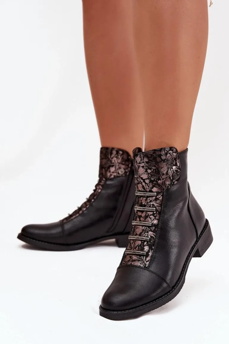 Ocieplane Botki Damskie Na Płaskim Obcasie Kwiaty Czarne Labise