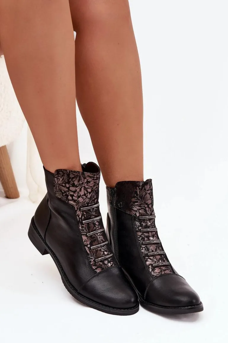 Ocieplane Botki Damskie Na Płaskim Obcasie Kwiaty Czarne Labise