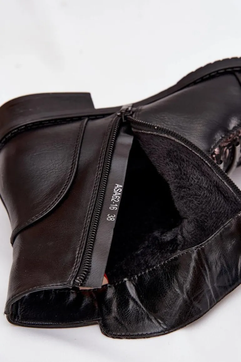 Ocieplane Botki Damskie Na Płaskim Obcasie Kwiaty Czarne Labise