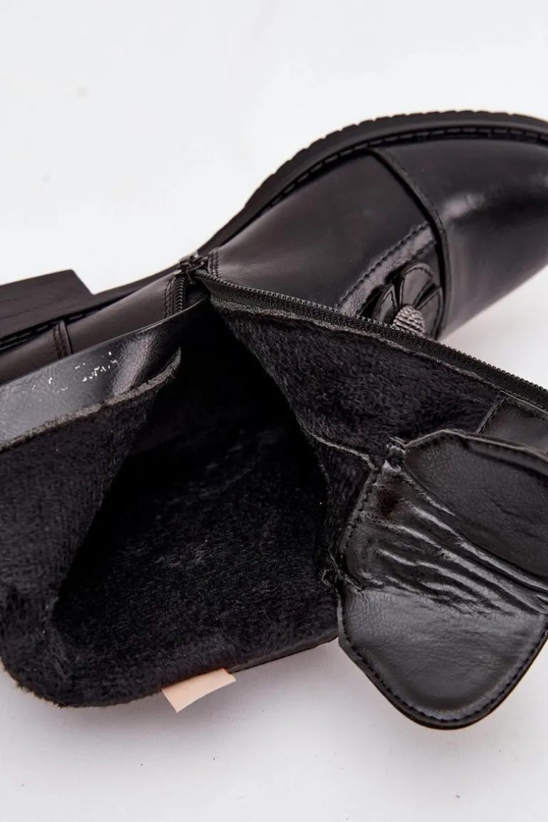 Ocieplane Botki Damskie Na Płaskim Obcasie Z Ozdobnymi Kwiatkami Czarne Pravienne