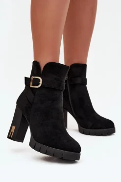 Ocieplane Botki Damskie Na Słupku Z Klamrą Czarne Nolivira