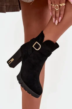 Ocieplane Botki Damskie Na Słupku Z Klamrą Czarne Nolivira