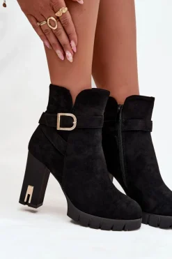 Ocieplane Botki Damskie Na Słupku Z Klamrą Czarne Nolivira