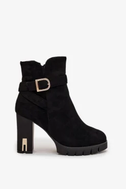 Ocieplane Botki Damskie Na Słupku Z Klamrą Czarne Nolivira