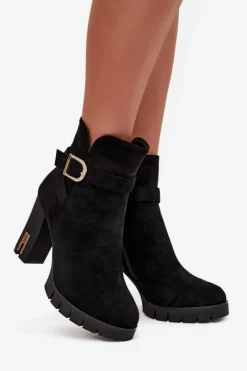 Ocieplane Botki Damskie Na Słupku Z Klamrą Czarne Nolivira