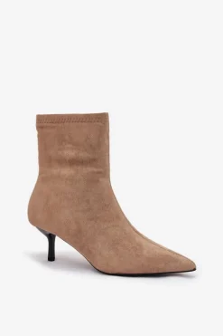 Ocieplane Botki Damskie Na Szpilce Eko Zamszowe Beżowe Belisse