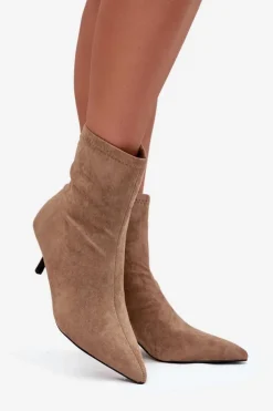 Ocieplane Botki Damskie Na Szpilce Eko Zamszowe Beżowe Belisse
