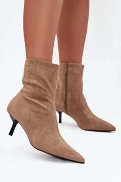 Ocieplane Botki Damskie Na Szpilce Eko Zamszowe Beżowe Belisse