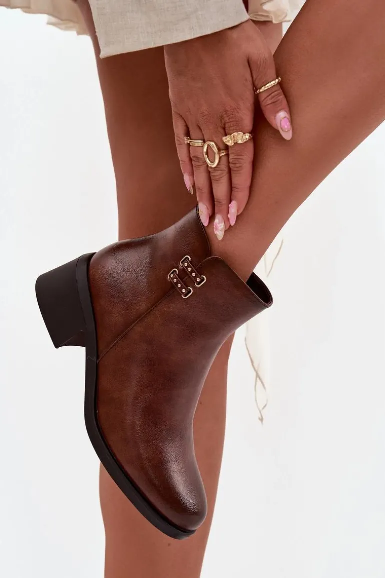 Ocieplane Botki Damskie Na Klocku Brązowe Delmira