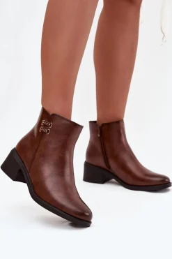 Ocieplane Botki Damskie Na Klocku Brązowe Delmira