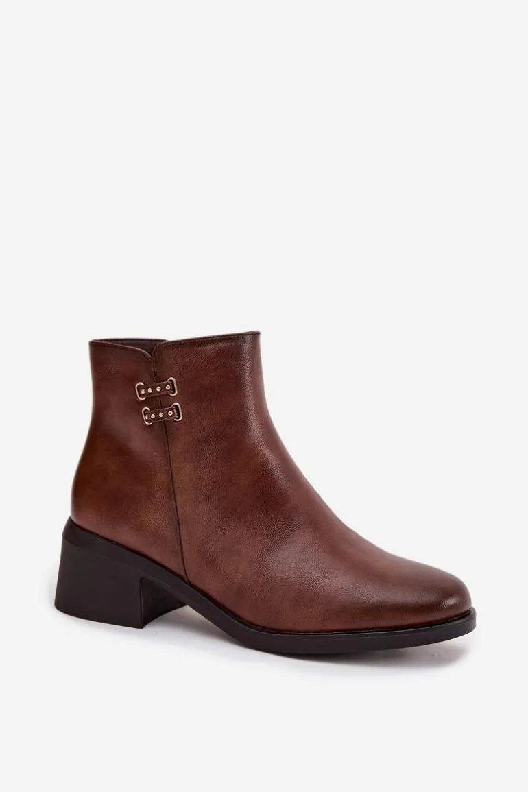 Ocieplane Botki Damskie Na Klocku Brązowe Delmira